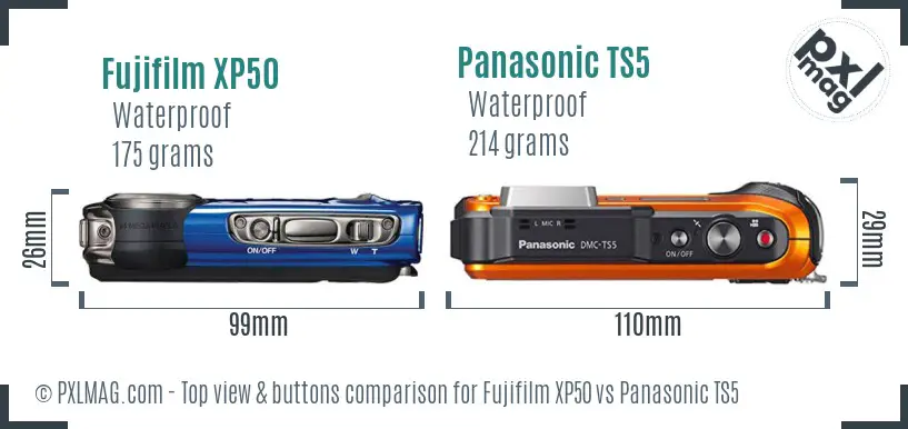 Fujifilm XP50 vs Panasonic TS5 top view buttons comparison
