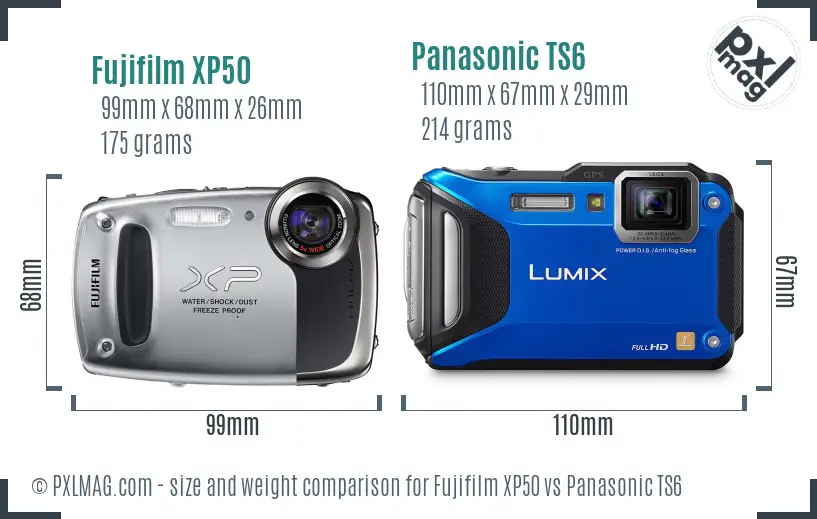 Fujifilm XP50 vs Panasonic TS6 size comparison