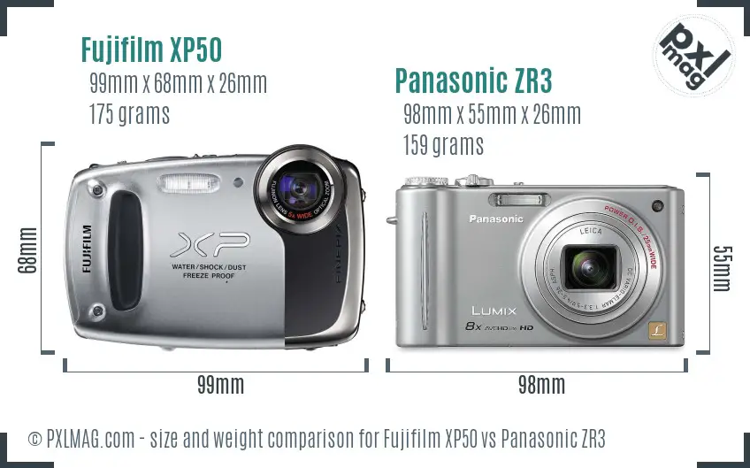 Fujifilm XP50 vs Panasonic ZR3 size comparison