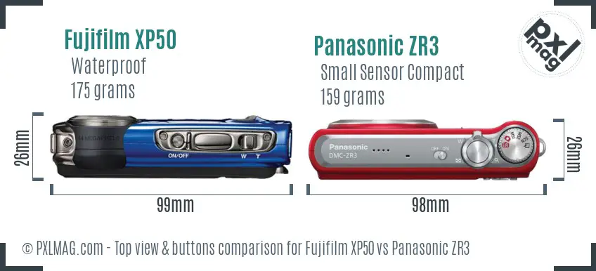 Fujifilm XP50 vs Panasonic ZR3 top view buttons comparison