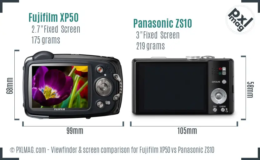 Fujifilm XP50 vs Panasonic ZS10 Screen and Viewfinder comparison