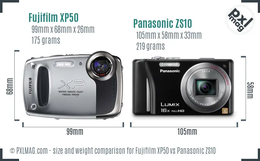 Fujifilm XP50 vs Panasonic ZS10 size comparison