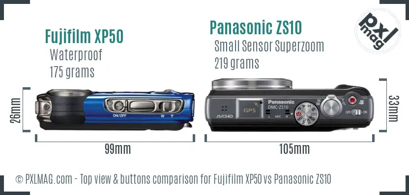 Fujifilm XP50 vs Panasonic ZS10 top view buttons comparison