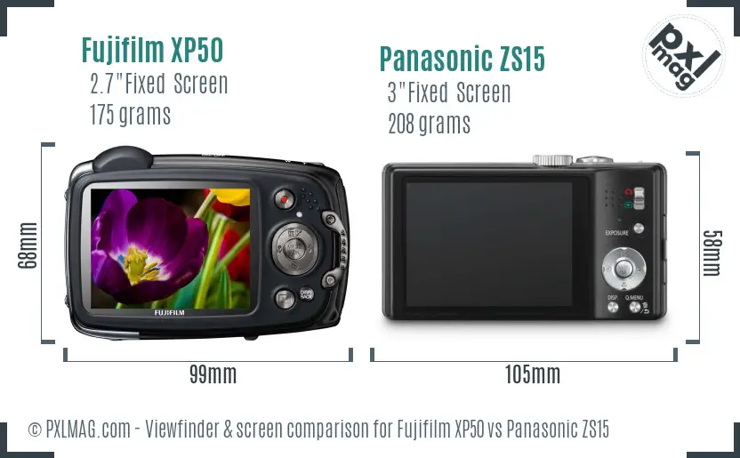 Fujifilm XP50 vs Panasonic ZS15 Screen and Viewfinder comparison