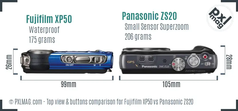 Fujifilm XP50 vs Panasonic ZS20 top view buttons comparison