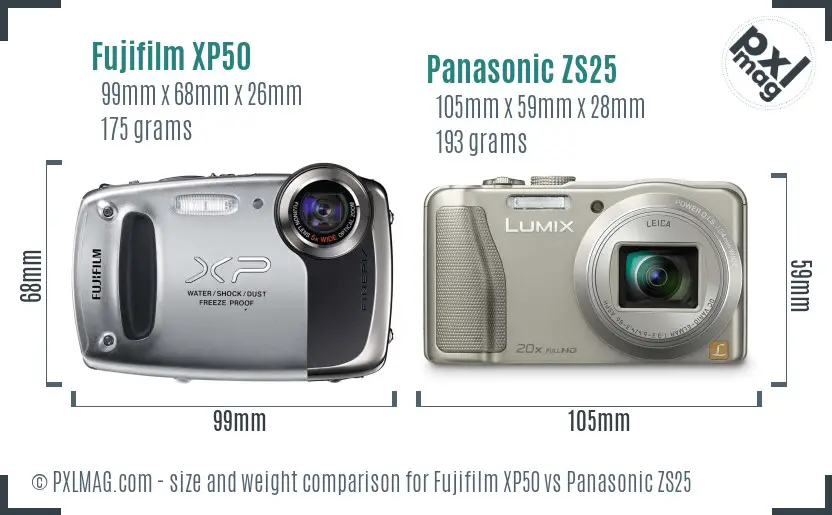 Fujifilm XP50 vs Panasonic ZS25 size comparison