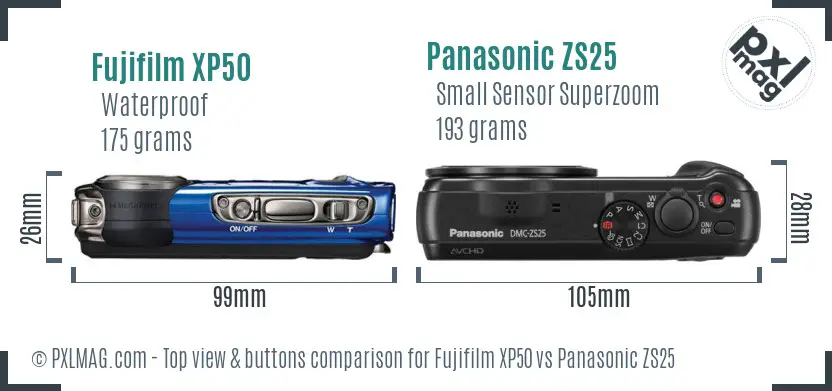 Fujifilm XP50 vs Panasonic ZS25 top view buttons comparison