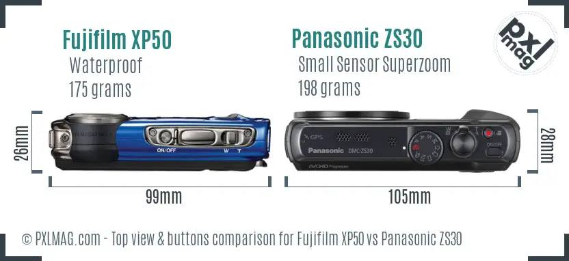 Fujifilm XP50 vs Panasonic ZS30 top view buttons comparison