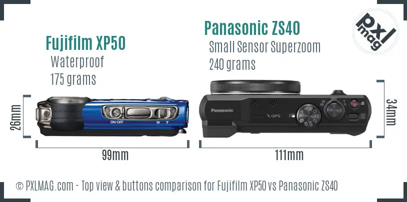 Fujifilm XP50 vs Panasonic ZS40 top view buttons comparison Fujifilm XP50 vs Panasonic ZS40 top view buttons comparison