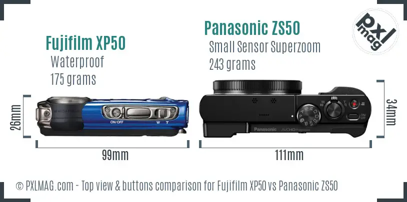 Fujifilm XP50 vs Panasonic ZS50 top view buttons comparison