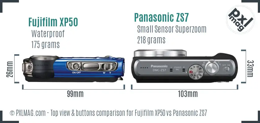 Fujifilm XP50 vs Panasonic ZS7 top view buttons comparison