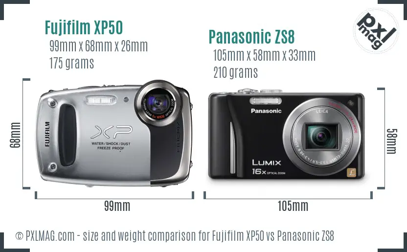 Fujifilm XP50 vs Panasonic ZS8 size comparison
