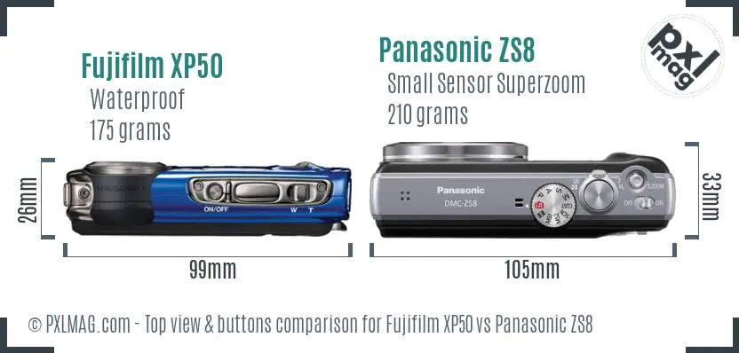 Fujifilm XP50 vs Panasonic ZS8 top view buttons comparison