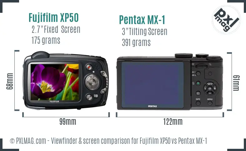 Fujifilm XP50 vs Pentax MX-1 Screen and Viewfinder comparison