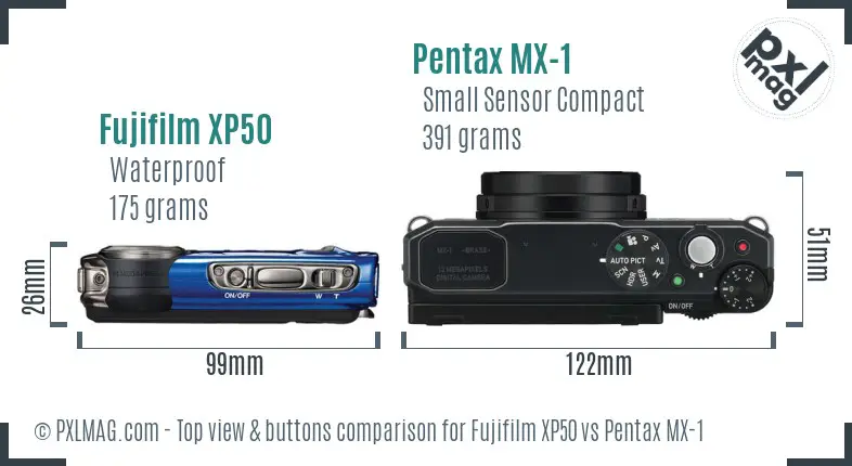 Fujifilm XP50 vs Pentax MX-1 top view buttons comparison