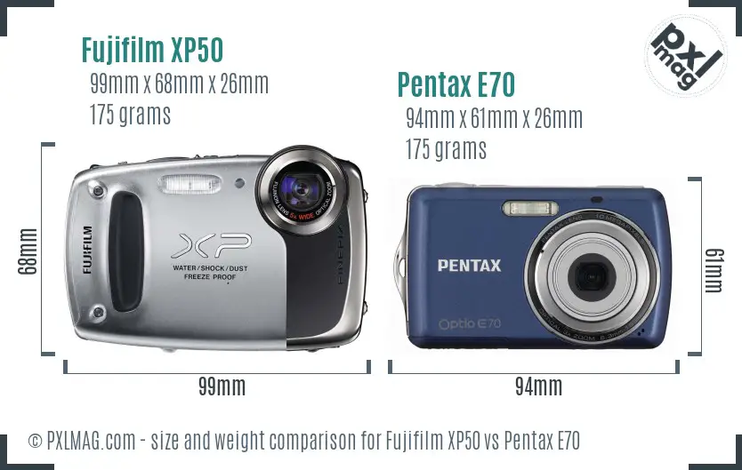 Fujifilm XP50 vs Pentax E70 size comparison Fujifilm XP50 vs Pentax E70 size comparison