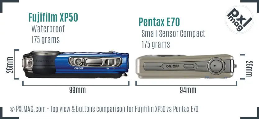 Fujifilm XP50 vs Pentax E70 top view buttons comparison Fujifilm XP50 vs Pentax E70 top view buttons comparison