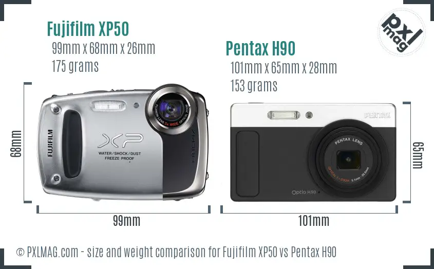Fujifilm XP50 vs Pentax H90 size comparison Fujifilm XP50 vs Pentax H90 size comparison