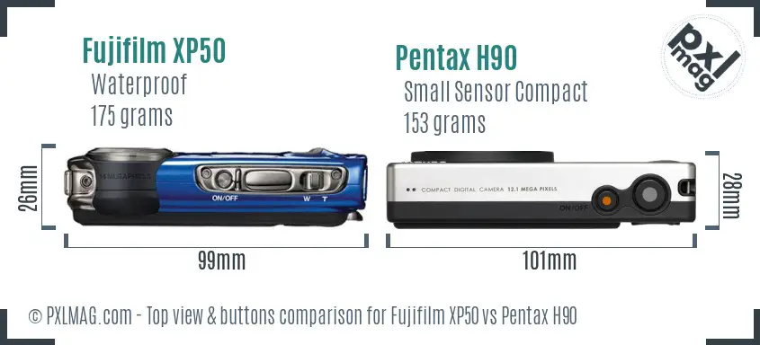 Fujifilm XP50 vs Pentax H90 top view buttons comparison Fujifilm XP50 vs Pentax H90 top view buttons comparison