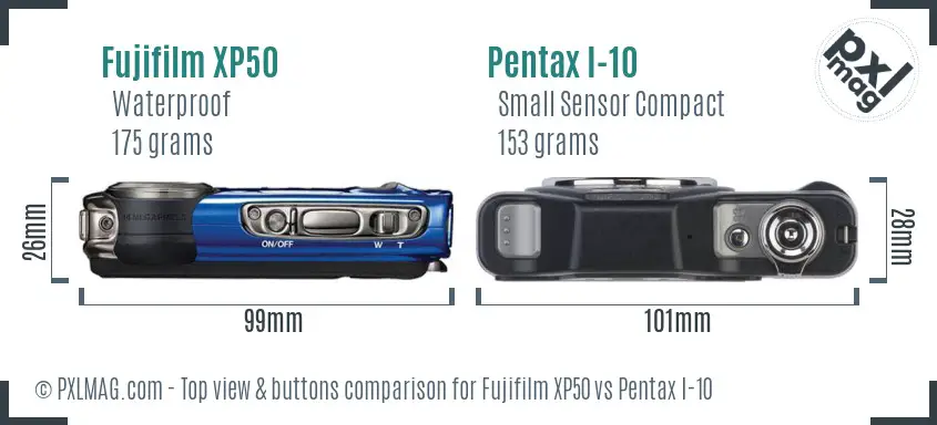Fujifilm XP50 vs Pentax I-10 top view buttons comparison Fujifilm XP50 vs Pentax I-10 top view buttons comparison