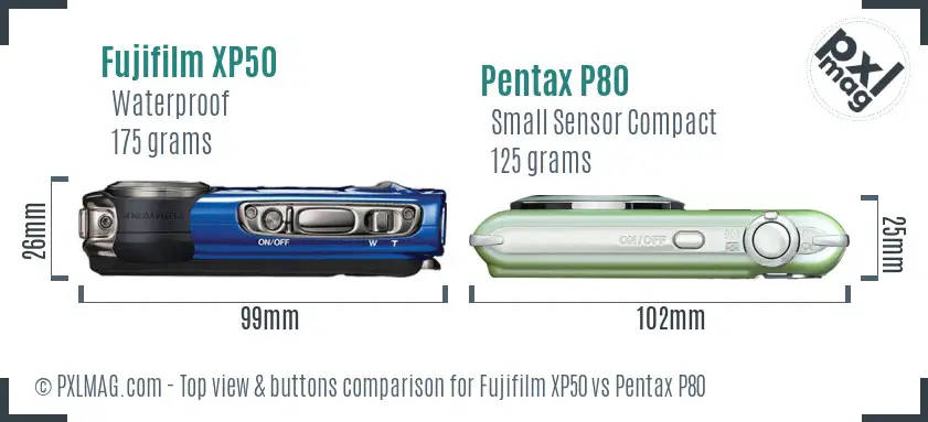 Fujifilm XP50 vs Pentax P80 top view buttons comparison