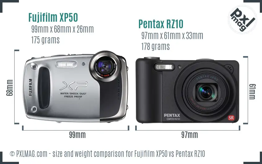 Fujifilm XP50 vs Pentax RZ10 size comparison