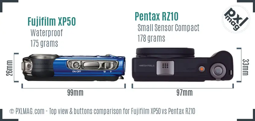 Fujifilm XP50 vs Pentax RZ10 top view buttons comparison