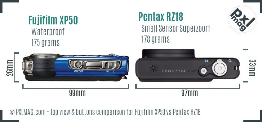 Fujifilm XP50 vs Pentax RZ18 top view buttons comparison