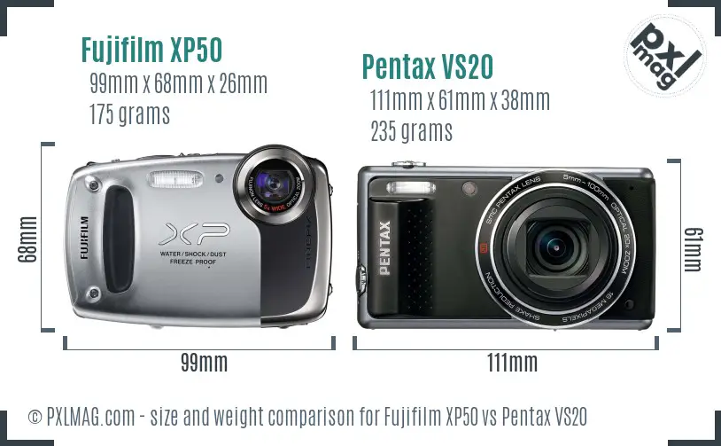 Fujifilm XP50 vs Pentax VS20 size comparison