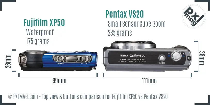 Fujifilm XP50 vs Pentax VS20 top view buttons comparison