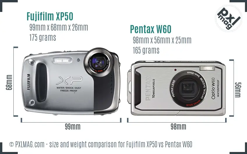 Fujifilm XP50 vs Pentax W60 size comparison Fujifilm XP50 vs Pentax W60 size comparison