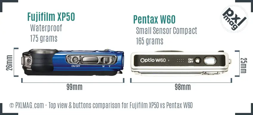 Fujifilm XP50 vs Pentax W60 top view buttons comparison Fujifilm XP50 vs Pentax W60 top view buttons comparison