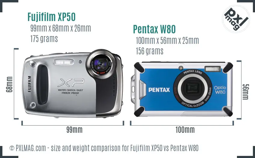 Fujifilm XP50 vs Pentax W80 size comparison