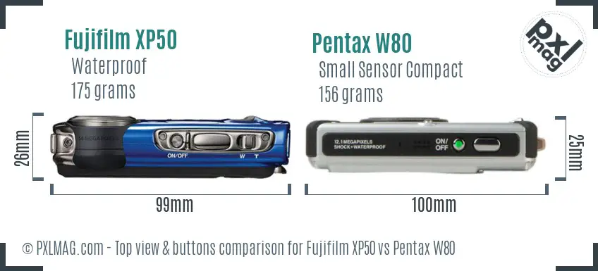 Fujifilm XP50 vs Pentax W80 top view buttons comparison
