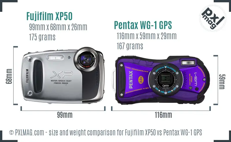 Fujifilm XP50 vs Pentax WG-1 GPS size comparison