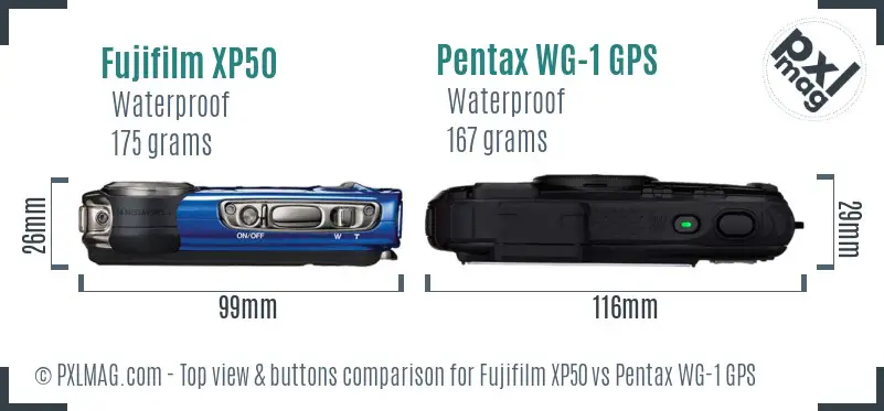 Fujifilm XP50 vs Pentax WG-1 GPS top view buttons comparison