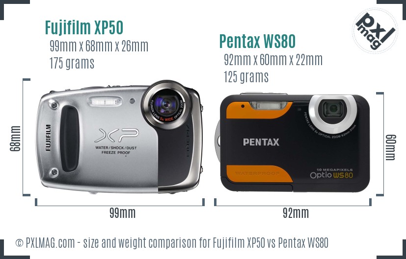 Fujifilm XP50 vs Pentax WS80 size comparison