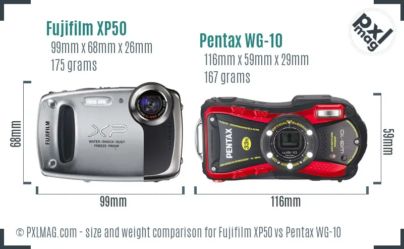 Fujifilm XP50 vs Pentax WG-10 size comparison