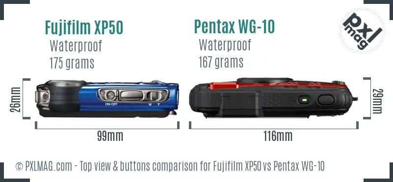 Fujifilm XP50 vs Pentax WG-10 top view buttons comparison