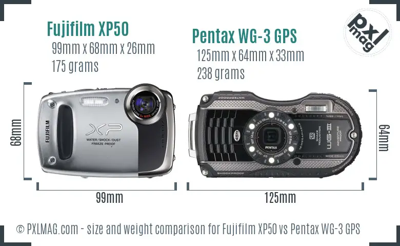 Fujifilm XP50 vs Pentax WG-3 GPS size comparison