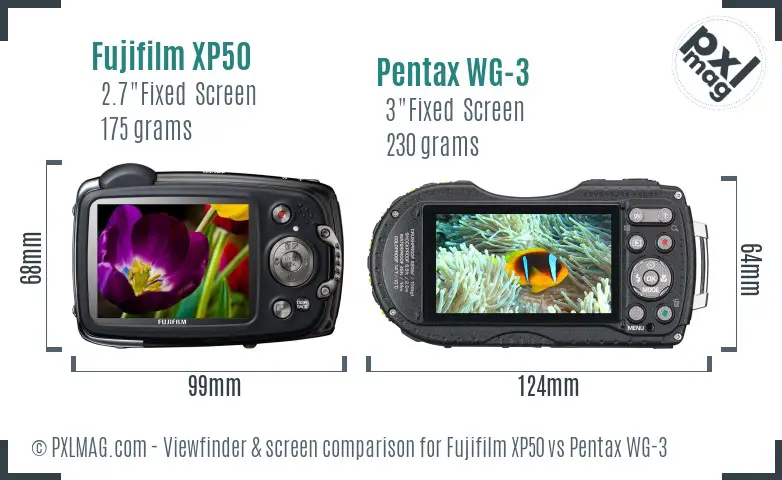 Fujifilm XP50 vs Pentax WG-3 Screen and Viewfinder comparison