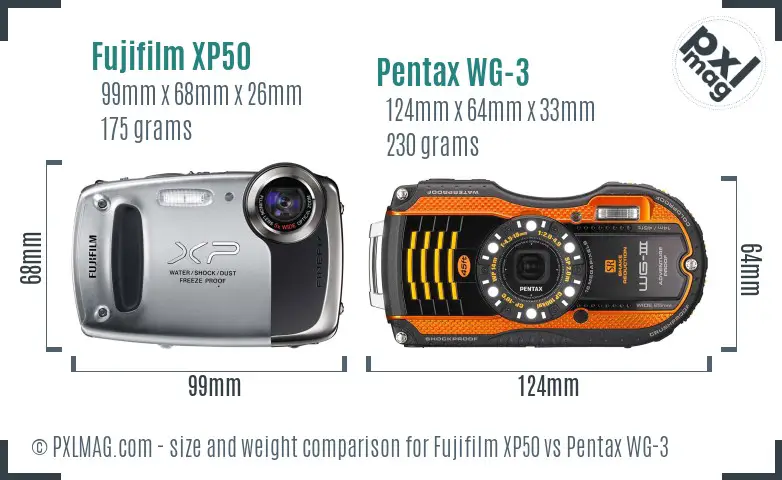 Fujifilm XP50 vs Pentax WG-3 size comparison