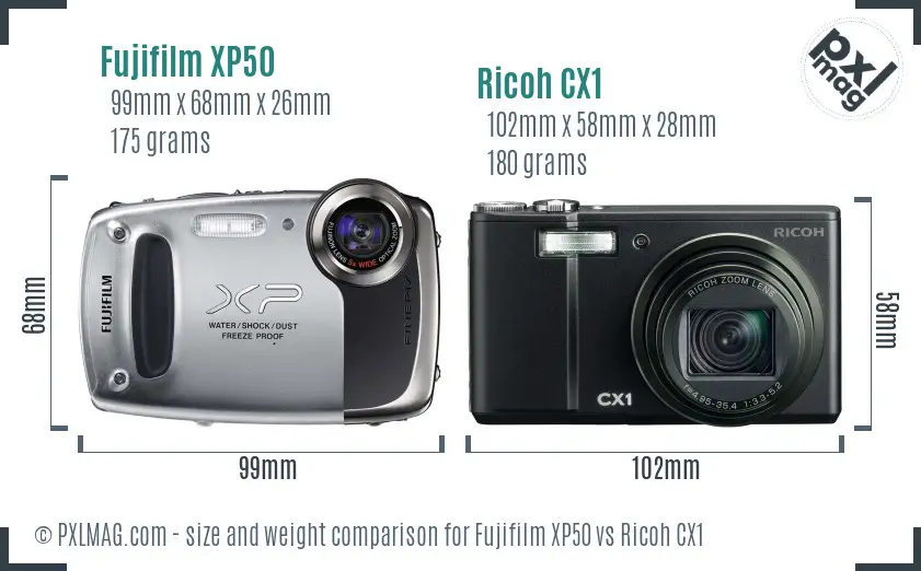 Fujifilm XP50 vs Ricoh CX1 size comparison