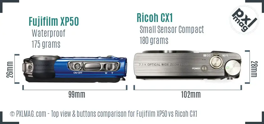 Fujifilm XP50 vs Ricoh CX1 top view buttons comparison