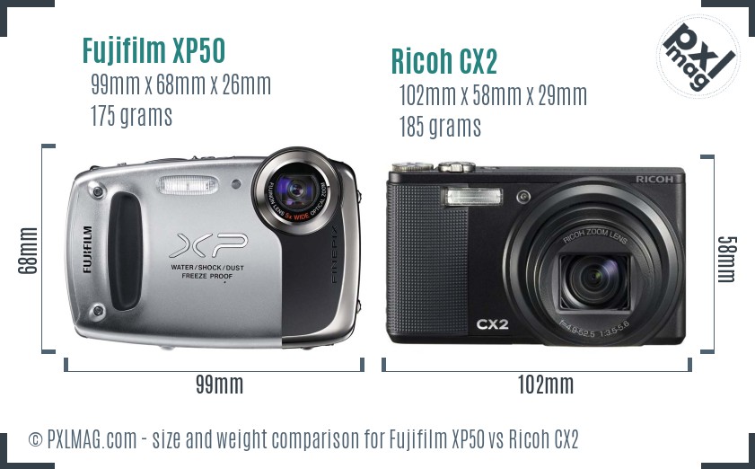 Fujifilm XP50 vs Ricoh CX2 size comparison