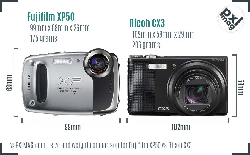 Fujifilm XP50 vs Ricoh CX3 size comparison