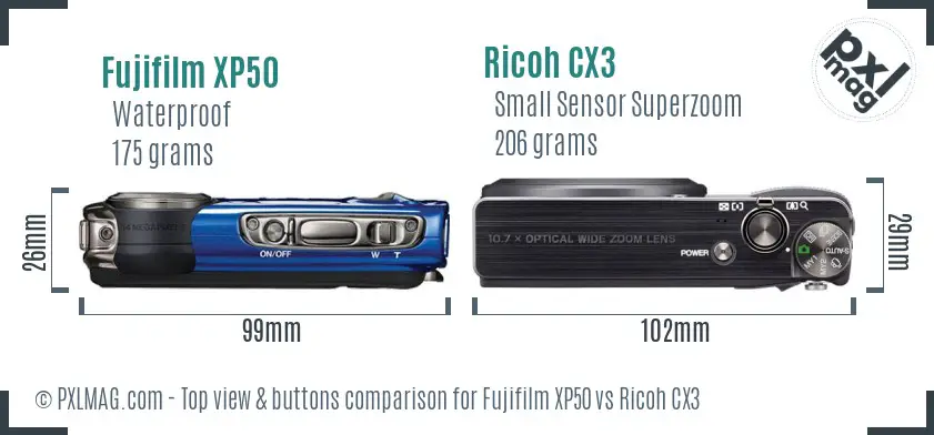 Fujifilm XP50 vs Ricoh CX3 top view buttons comparison