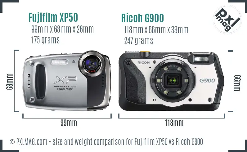 Fujifilm XP50 vs Ricoh G900 size comparison