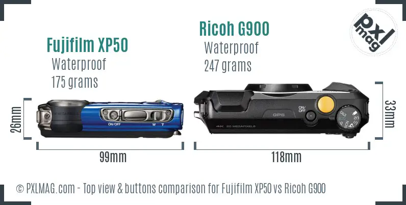 Fujifilm XP50 vs Ricoh G900 top view buttons comparison