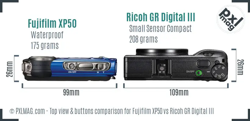 Fujifilm XP50 vs Ricoh GR Digital III top view buttons comparison Fujifilm XP50 vs Ricoh GR Digital III top view buttons comparison